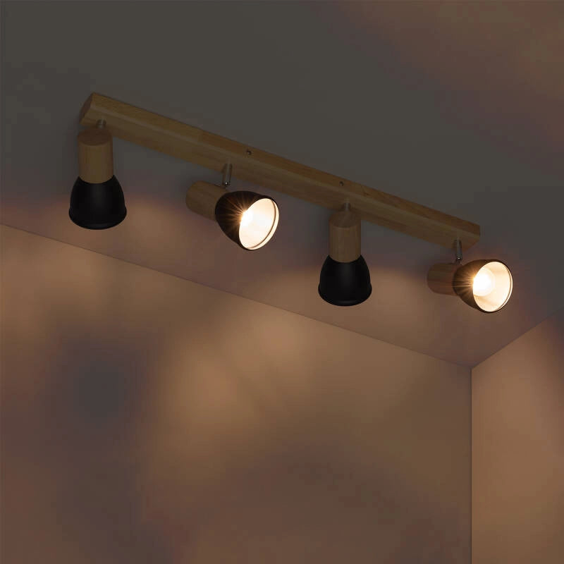 Lampada da Soffitto Metallo e Legno 4 Faretti Tautau